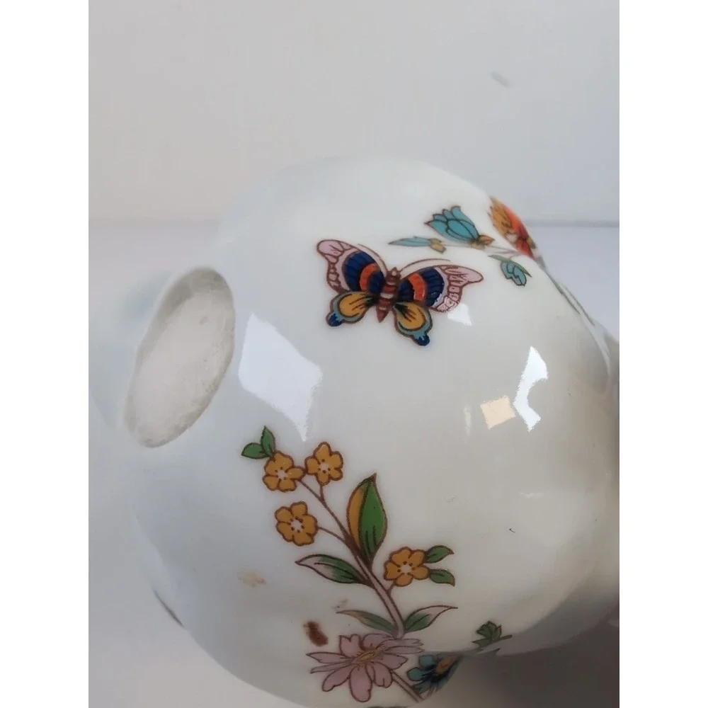 Trina Ceramic Bunny Cotton Ball Dispenser, Glazed W/Butterflies & Flowers Vintag